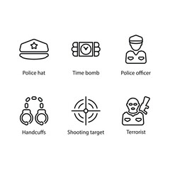 Investigation notes, Fingerprint, Police badge, Constitution law, Security camera, Honesty Book, icon