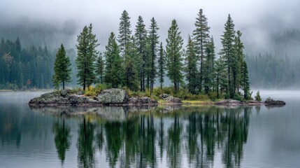 A small island with a forest of trees and a body of water. The water is calm and the trees are tall and green. The image has a peaceful and serene mood