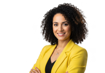 Smiling woman in yellow blazer isolated on transparent background