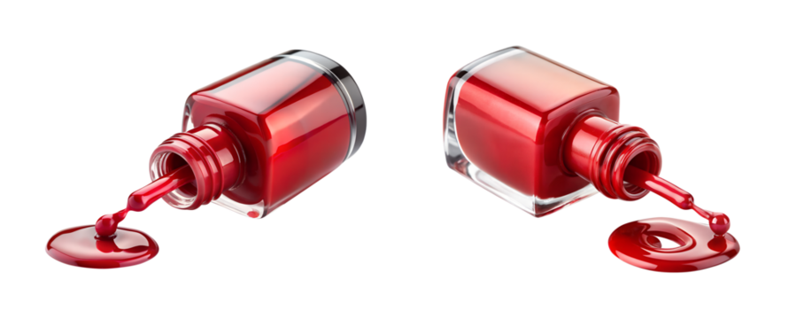 Two Red Nail Polish Bottles Spilling on Transparent Background - Powered by Adobe