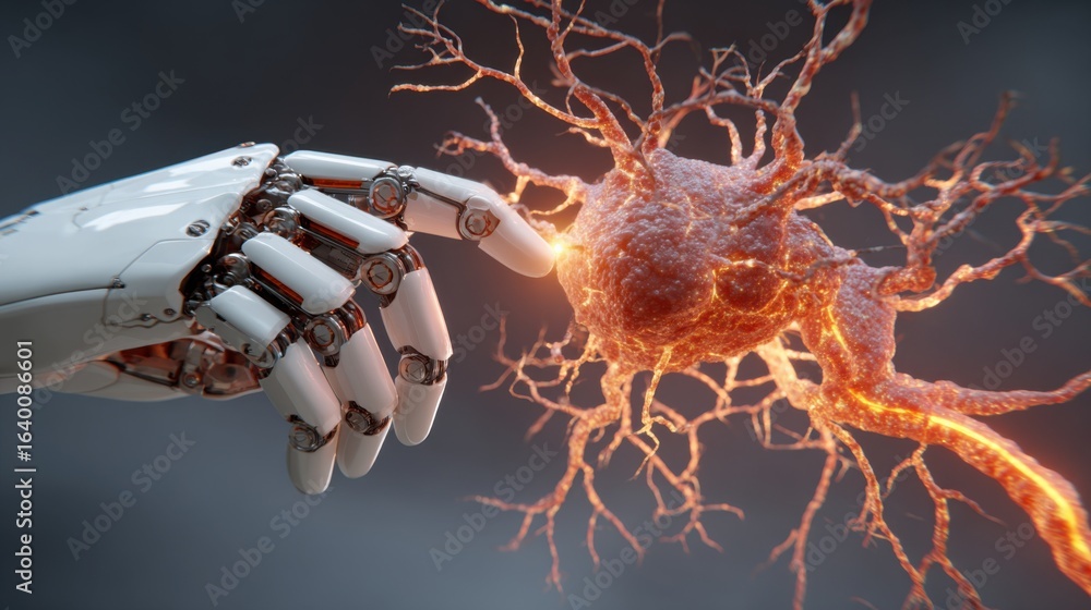 Poster a robot hand is reaching out to touch a glowing red blob that resembles a brain. the robot hand is w