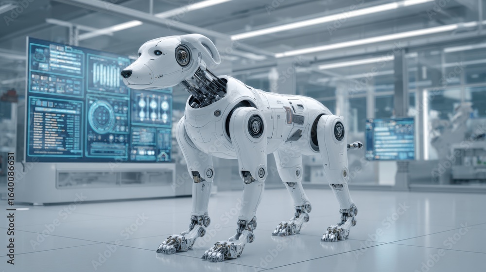 Poster a white robot dog stands in front of a computer monitor. the robot dog is made of metal and has a ro