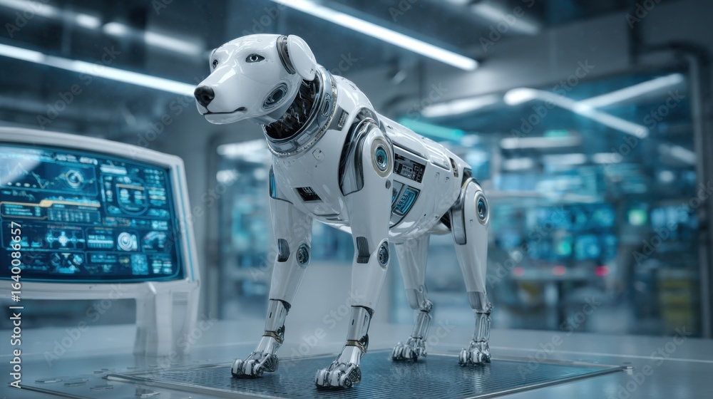 Poster a robot dog is standing in front of a computer monitor. the robot dog is white and has a robotic app