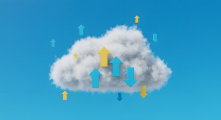 Dynamic arrows ascend and descend around fluffy white cloud against clear blue sky