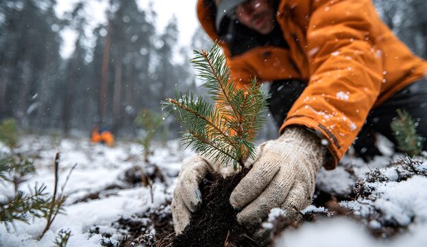 Person planting a small pine tree in snowy forest soil, wearing gloves and orange jacket. Concept of reforestation, nature conservation, and environmental care in winter. - Powered by Adobe