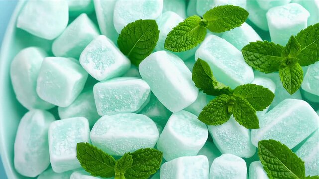 Mint green candy rocks with fresh mint leaves