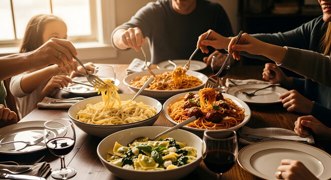 Family and friends sharing a delicious Italian pasta dinner. People gathered around the table enjoying a warm meal together.