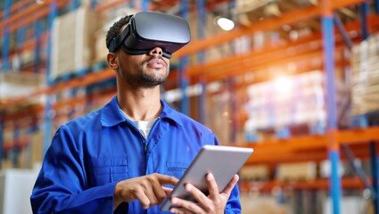 Worker in Warehouse Using Virtual Reality Headset and Tablet for Tasks

