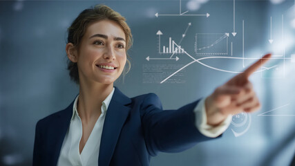 Smiling businesswoman pointing at virtual data charts, innovation and business growth concept
