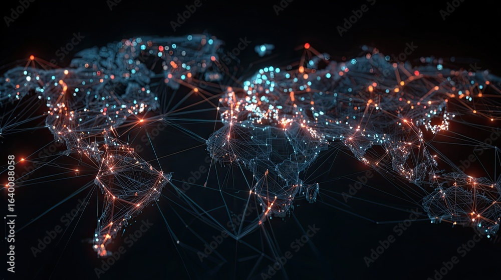 Aufkleber dynamic global network visualization connecting cities with glowing lights and lines illustrating in
