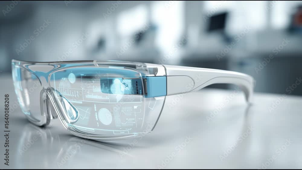 Poster Smart Glasses Technology Showcase Highlighting Augmented Reality Features and User Interaction in a Modern Workspace Setting