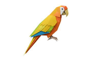 Vibrant origami parrot perched elegantly, a modern artistic representation of nature's beauty