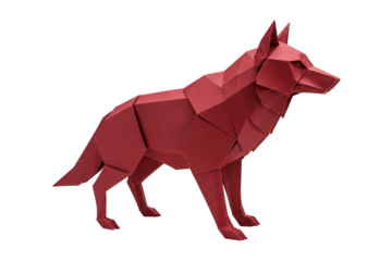 Striking red origami wolf sculpture exudes modern artistic elegance and powerful spirit