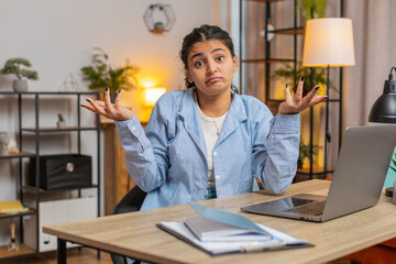 I dont know what to say. Confused woman feeling embarrassed about ambiguous question having doubts,...