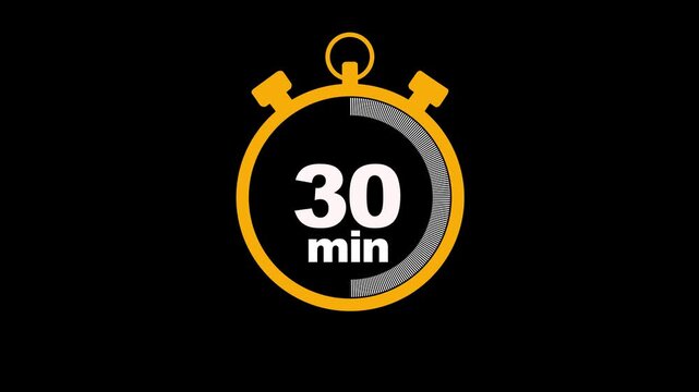 30 minute stopwatch icon isolated 30 minute timer animation .Animation timer 30 minutes - Stopwatch icon Motion graphics on black screen.30 minutes animation on white and black  background