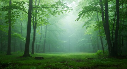 Misty green forest with diffused sunlight, serene and lush background