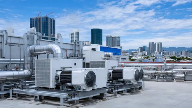 Industrial rooftop chiller system with electric motors and ventilation ducts, showcasing advanced engineering under bright natural light.