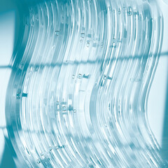Abstract 3d transparent cosmetic gel wave with bubbles on blue background, modern fluid design for cosmetic ads, skincare branding, luxury beauty product, 3d rendering