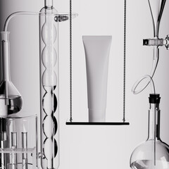 Cosmetic science laboratory research background. Chemistry glassware and hanging swing. 3d rendering beauty product presentation