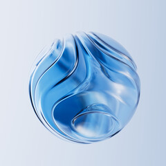 3D rendered blue gradient glass orb with flowing wave-like indentations. Abstract fluid, futuristic, organic form poster design element.