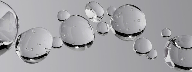 Floating transparent bubbles on grey background, crystal clear spheres for cosmetic skincare ads, beauty product branding, hygiene promotion, 3d rendering