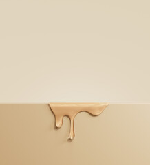 Cosmetic skincare product showcase background template. 3d rendering liquid dripping texture on empty podium in beige colors