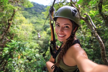 A smiling young woman takes a selfie while zip lining above a vibrant green forest. The sunlight filters through the dense foliage, creating a lively atmosphere for outdoor adventure