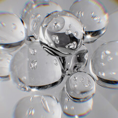Close-up 3d rendering of abstract clear glass spheres with internal air bubbles. Active skincare ingredients or advanced molecular beauty tech concept background.