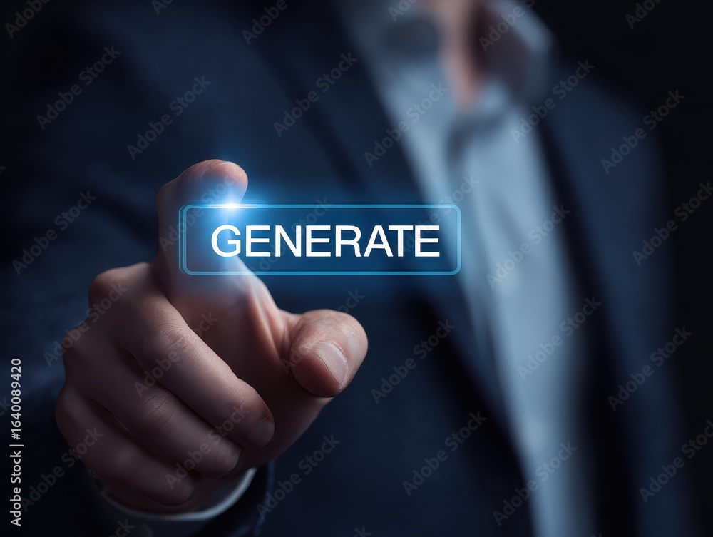 Poster businessman in a suit pressing a 
