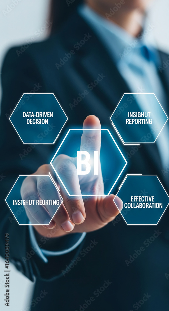 Poster hand interacting with digital interface, showcasing bi, data-driven decision, insightful reporting, 