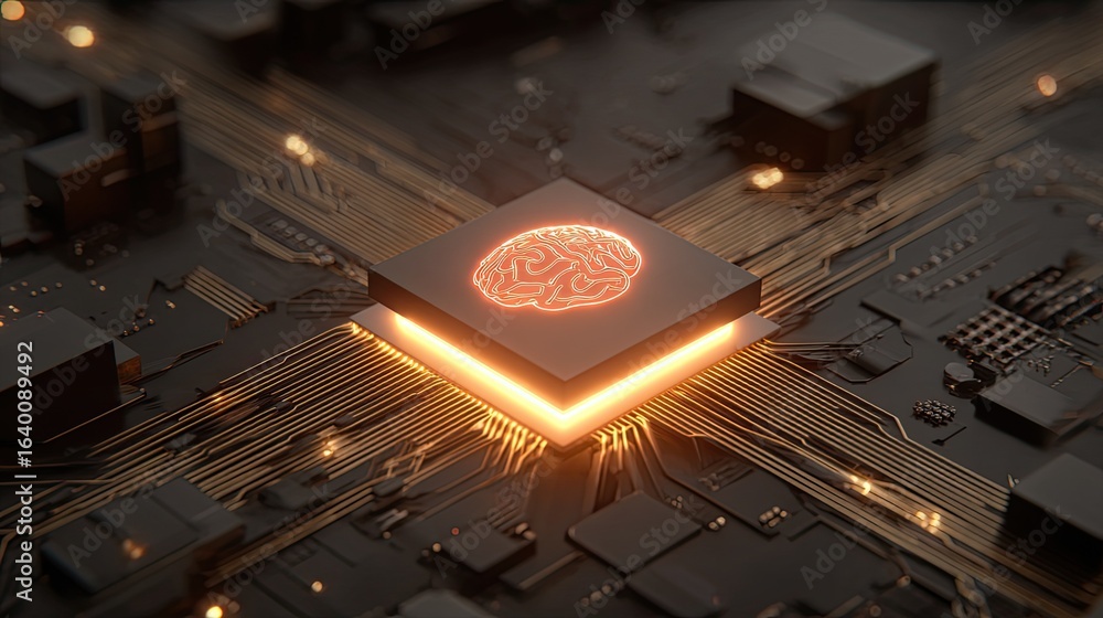 Poster glowing brain icon pulsates with vibrant energy atop a complex circuit board, symbolizing artificial