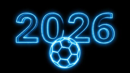 Neon 2026 Soccer Championship - Glowing neon blue wireframe numbers "2026" with a soccer ball in the center against a black background. - Powered by Adobe