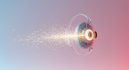 Futuristic glowing orb emits shimmering particles, symbolizing innovation and digital transformation.