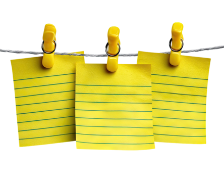 Three yellow lined note papers hanging on a clothesline with yellow clips - Powered by Adobe