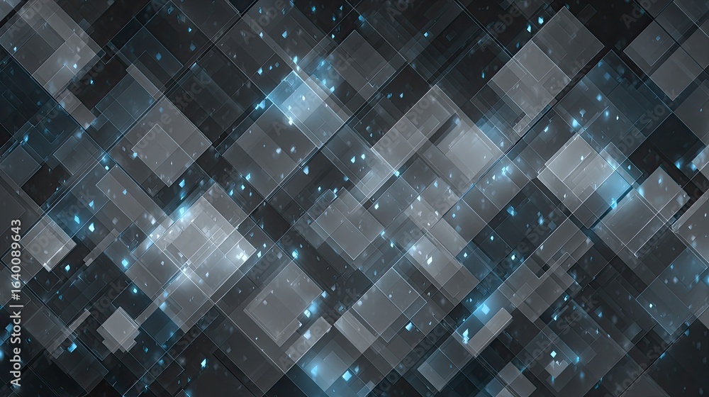 Poster dynamic digital abstract grid with glowing blue particles creating a futuristic, high-tech backdrop 