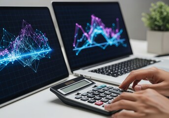 Financial Professional Analyzing Business Growth Data with Calculator and Digital Charts