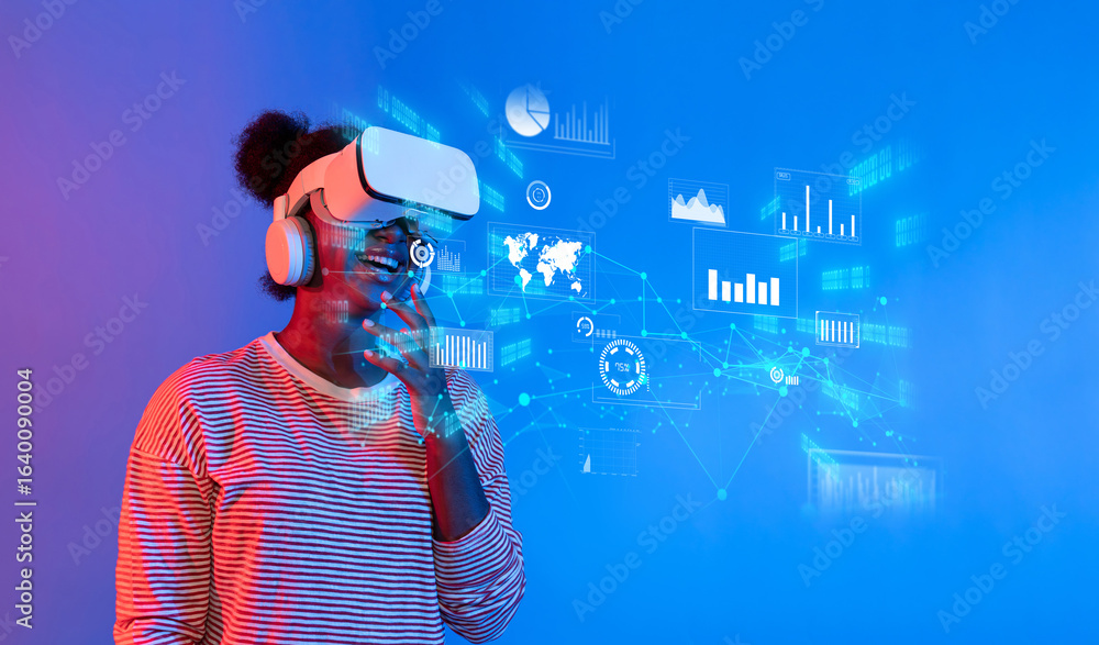 Poster a woman engages with virtual reality technology, exploring data analytics and financial strategies i