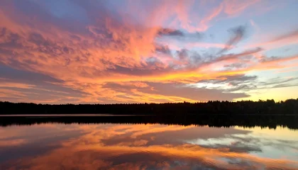 Fototapete Reflection Vibrant sunset reflected on a calm lake.  © Kusumo