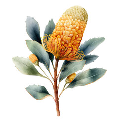 Vibrant botanical illustration of a flowering branch.  Detailed render of a  plant with  soft, pastel-colored,  yellow-orange flower head and muted grey-green leaves.  
