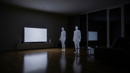Obraz premium Two figures made of TV static stand in a dark room with a static-filled TV.
