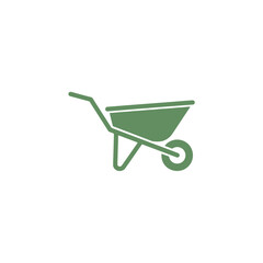 A simple green icon depicting a wheelbarrow, a gardening tool.