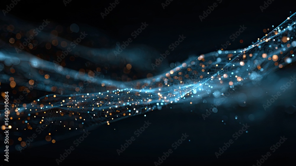 Poster dynamic abstract network of glowing blue and gold particles flowing through a dark, futuristic digit