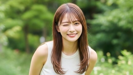 新緑の公園を背景に可愛くウインクする20代の日本人女性