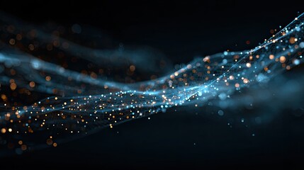 Dynamic abstract network of glowing blue and gold particles flowing through a dark, futuristic digital space, representing connectivity and data transfer.
