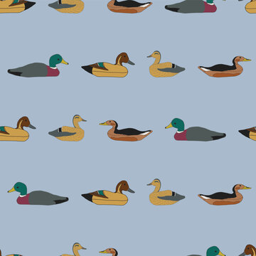Vintage Decoy Ducks in Stripes on a Sky Blue Background creating a seamless pattern print