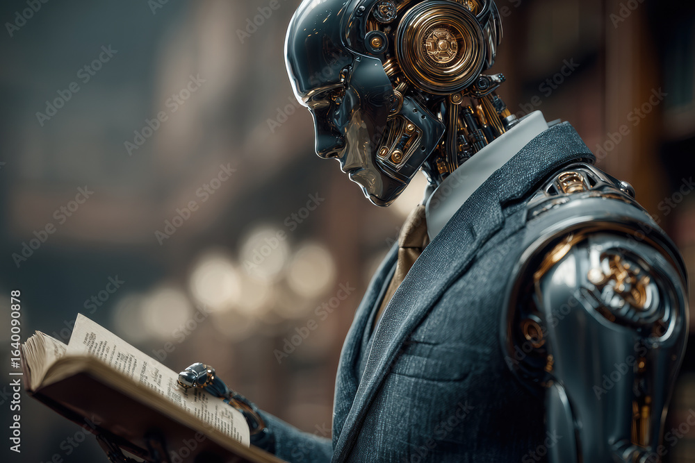 Aufkleber futuristic ai robot lawyer analyzing legal texts in a library setting for advanced technology concep
