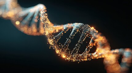 Captivating glowing DNA helix composed of shimmering particles, symbolizing life's intricate blueprint and scientific discovery in a dark, futuristic setting
