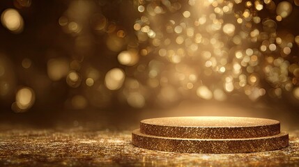 Stunning golden podium bathed in shimmering bokeh light, perfect for celebrating achievements, awards, or product launches with an opulent, luxurious feel.