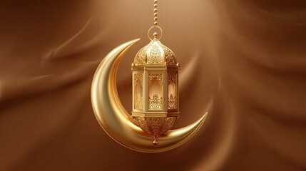 Exquisite golden Ramadan lantern gracefully suspended on a crescent moon against a luxurious flowing brown silk backdrop, evoking tradition and celebration
