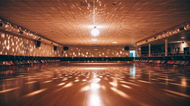 Empty Roller Skating Rink with Disco Ball and Colorful Skates Ready